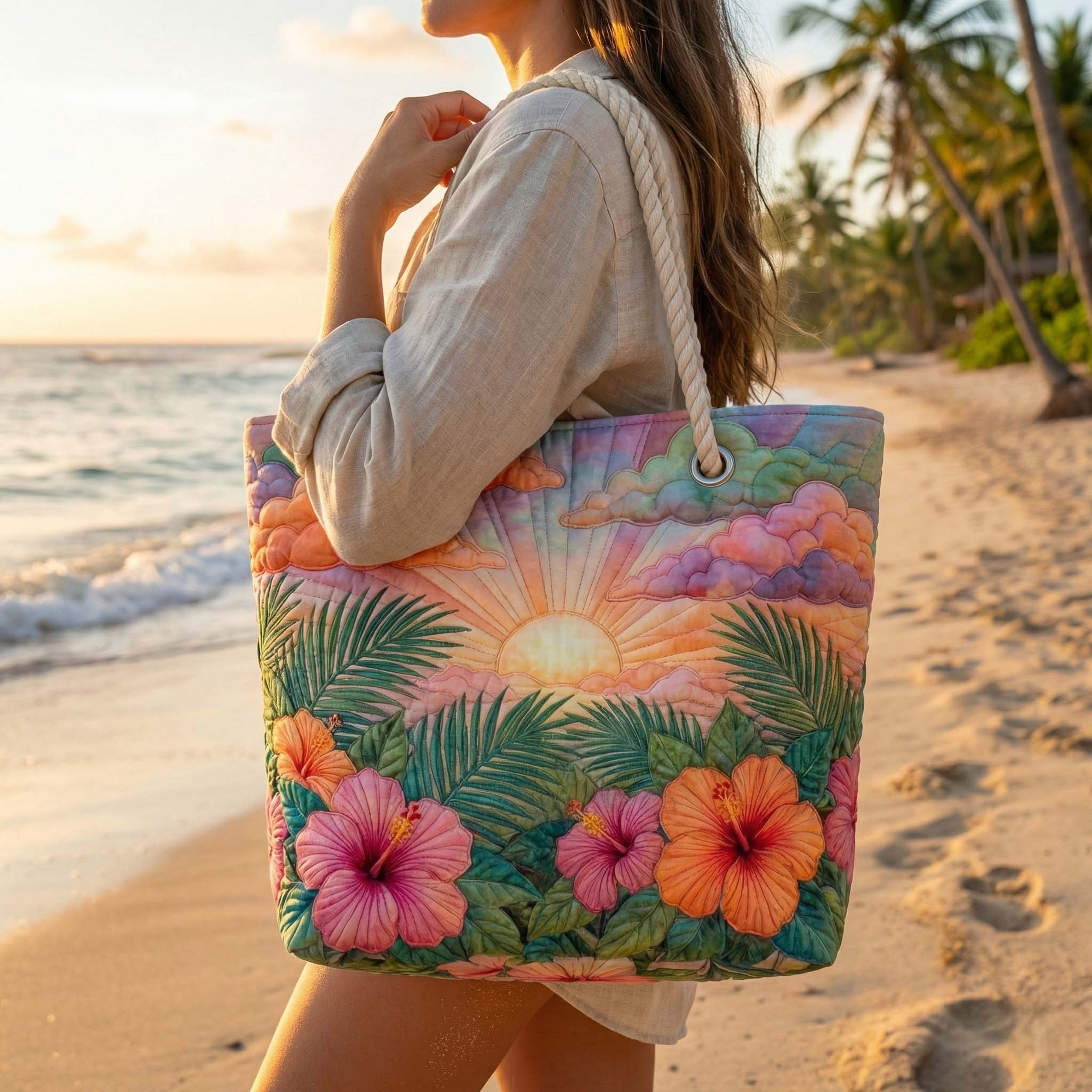 Tropical Quilted Beach Bag at Sunrise